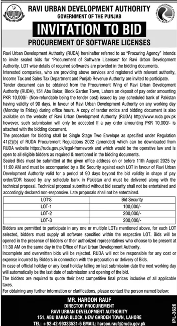 Ravi Urban Development Authority Lahore Tender Notice